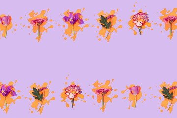 Spring or summer modern pattern with flower heads and orange paint spills on it on pastel purple...
