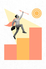 Collage 3d image of pinup pop retro sketch image of funny guy running upstairs hit the mark...