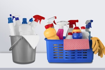 Set of cleaners and detergents, cleaning accessories. Concept spring regular cleaning