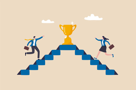 Business competition, employee motivation to success, rivalry or conflict, contest or challenge to achieve target, effort concept, businessman and businesswoman walk up stair compete to win trophy.