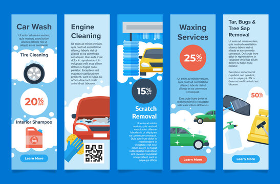 Car washing vertical landing page promo internet banner collection vector illustration