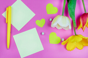 Yellow sheets of paper for writing (notes), colorful tulips, a pen and hearts on a bright pink background. Space for the text. Valentine's Day, March 8, birthday, anniversary.