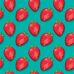 Seamless pop art pattern with strawberries on turquoise background