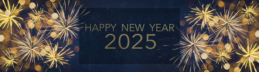 HAPPY NEW YEAR 2025 Silvester Party Celebration background banner panorama long- Golden yellow...