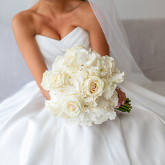 Today is wedding day! Bride with bouquet of roses