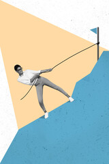 Collage photo of black white effect female climb up painted mountain push rope reach her goal point isolated on pastel image background