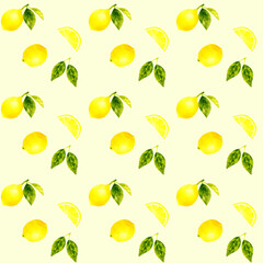 レモンのシームレスパターン　手描き水彩イラストのテキスタイル