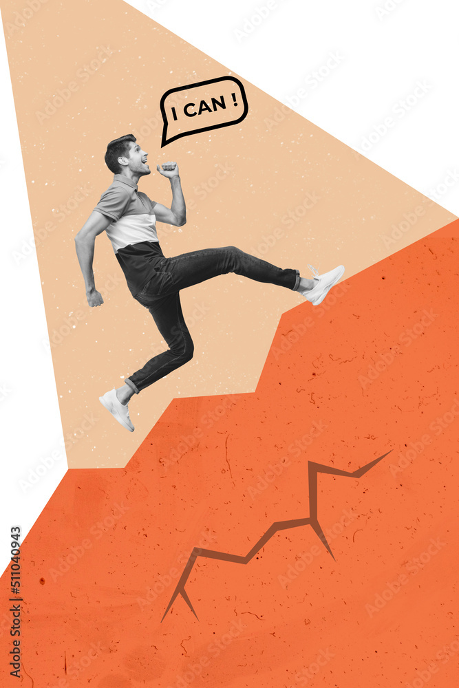 Poster vertical collage creative image of running person black white effect climb mountain top isolated on 
