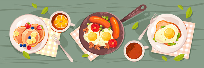 Breakfast in nature. Picnic food set, scrambled eggs, sausages, pancakes, berries, coffee and tea. Flat vector illustration