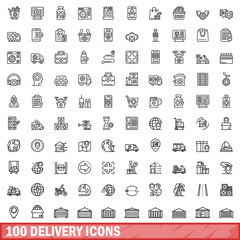 100 delivery icons set. Outline illustration of 100 delivery icons vector set isolated on white background