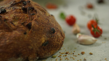 vegetables with fresh organic fruits and vegetable food. healthy diet rustic farmhouse style homemade bread red Himalayan salt