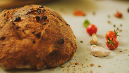 vegetables with fresh organic fruits and vegetable food. healthy diet rustic farmhouse style homemade bread red Himalayan salt