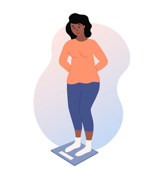 Excess weight. Unhappy woman standing on scales and measuring. Need to lose weight. African american lady dissatisfied with weight gain. Flat vector illustration