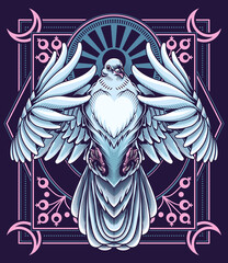 White dove poster. Vector illustration of white flying pigeon in engraving technique on decorative geometry background. 