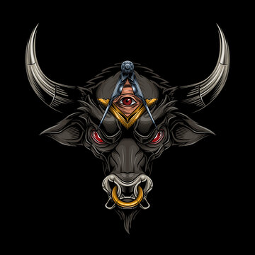 Black bull head with masonic square and compass symbol. Vector illustration in stylish engraving technique of bull with ring with All seeing eye in sacred geometry triangle.