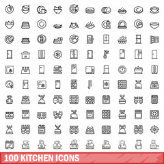 100 kitchen icons set. Outline illustration of 100 kitchen icons vector set isolated on white background