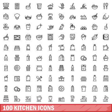 100 kitchen icons set. Outline illustration of 100 kitchen icons vector set isolated on white background