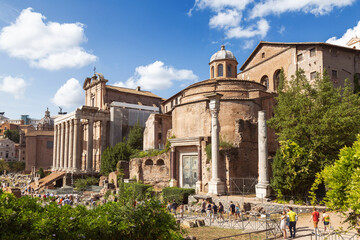 View of the monuments of the Roman Forum with the temple of Antoninus and Faustina and the temple...