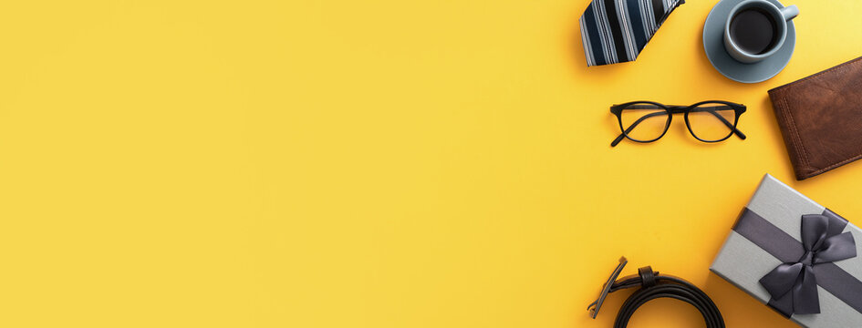 Father's day gift idea design concept with gift box on yellow background. - Powered by Adobe