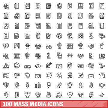 100 mass media icons set. Outline illustration of 100 mass media icons vector set isolated on white background