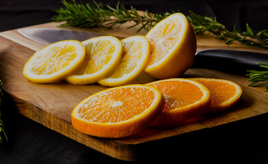 Juicy slices of orange and lemon on a cutting board.