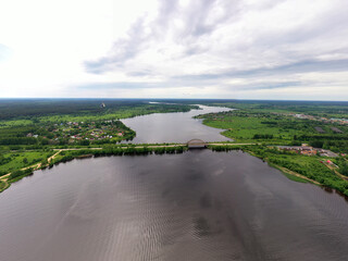 panoramic views from a drone of the surroundings of Kalyazin with a bell tower and a reservoir