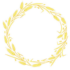 Round frame made of golden wheat or rye ears. Vector autumn wreath, border hand drawn in Doodle flat style, isolated on white background