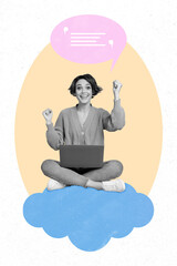 Creative collage of black white filter millennial sit cloud use netbook fist up speak text box...