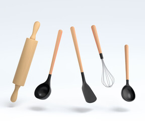 Wooden kitchen utensils, tools and equipment on white background.