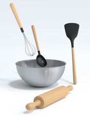 Metal bowl with kitchen utensil for preparation of dough on white background.