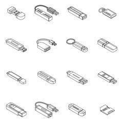 Flash drive icon set. Isometric set of flash drive vector icons outline isolated on white background