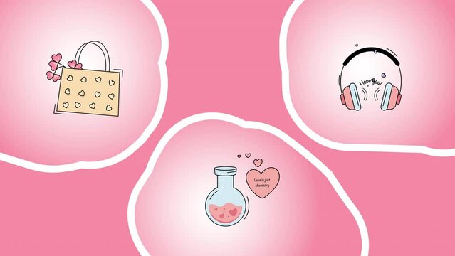 4k video of cartoon bag, headphones and romantic elixir icons on pink background.