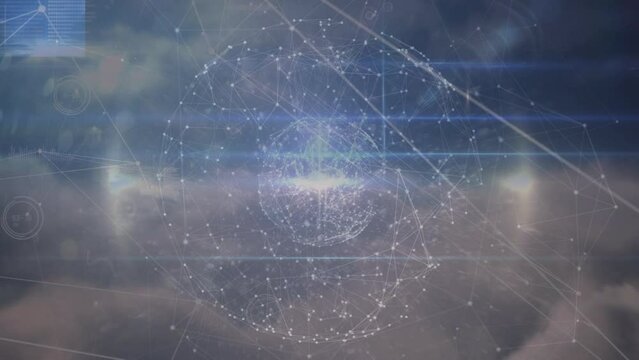 Animation of globe made of connections over clouds