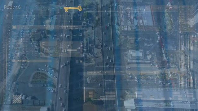 Animation of financial data over road traffic and cityscape