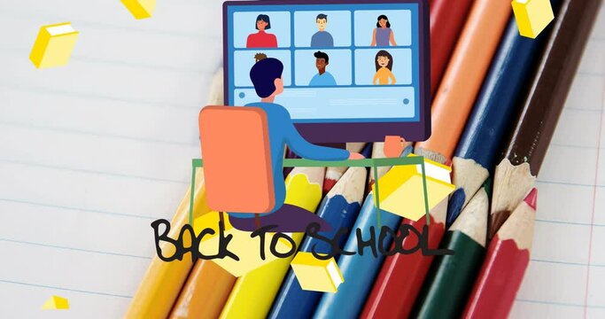 Animation of back to school text with schoolboy using computer over coloured pencils on notebook