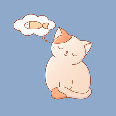 Cute cat dreaming about fish, adorable vector cat illustration