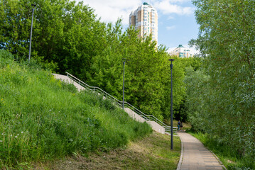 A city park with trees on a summer sunny day with a house in the background.