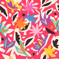 Modern abstract print with botanical shapes. Floral seamless pattern. Colorful groovy vector background. Stylized tropical flowers and leaves