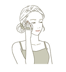 ビューティー　メイクする女性の上半身のイラストレーションセット