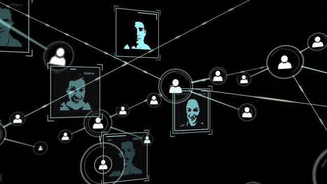 Animation of network of connection with people icons and photos over black background