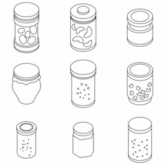 Jam jar icons set. Isometric set of jam jar vector icons outline isolated on white background