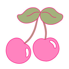 Pink cherry icon in cartoon style. Nostalgia for the 2000 years. Y2k style. Simple flat linear vector illustration isolated on a white background.