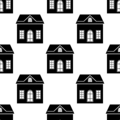 Seamless pattern with house. Black icon house in white background. House pattern. Silhouette building in flat design. Design for website, print on fabric, wallpaper, wrapping paper.Vector illustration