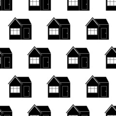 Seamless pattern with house. Black icon house in white background. House pattern. Silhouette building in flat design. Design for website, print on fabric, wallpaper, wrapping paper.Vector illustration