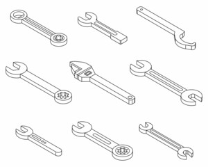 Wrench icons set. Isometric set of wrench vector icons outline isolated on white background