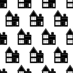 Seamless pattern with house. Black icon house in white background. House pattern. Silhouette building in flat design. Design for website, print on fabric, wallpaper, wrapping paper.Vector illustration