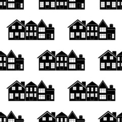 Seamless pattern with house. Black icon house in white background. House pattern. Collection of silhouettes buildings. Flat design for print on fabric, wallpaper, wrapping paper. Vector illustration