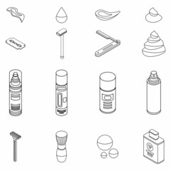 Shaving foam icons set. Isometric set of shaving foam vector icons outline isolated on white background