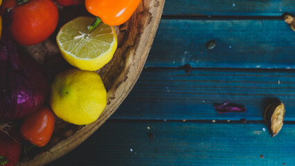 vegetables with fresh organic fruits and vegetable food. healthy diet rustic farmhouse style...