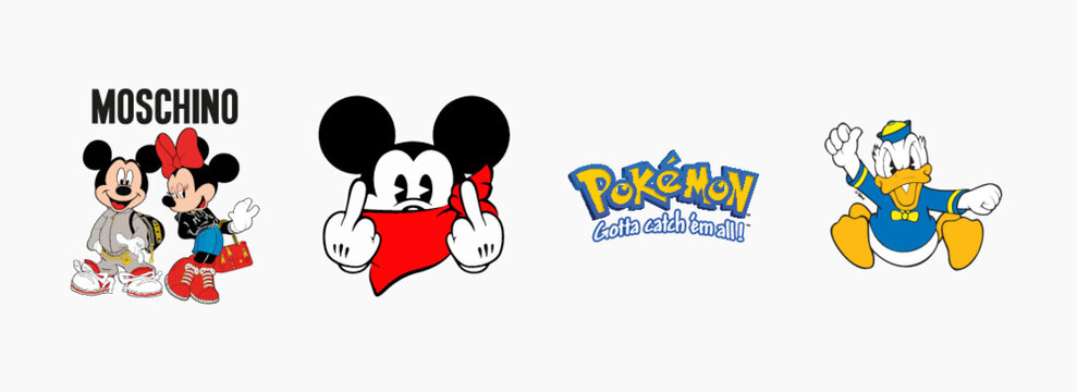 Pokemon Logo, mickey mouse fuck Logo, Donald Duck Logo, MOSCHINO - Minnie y Mickey Mouse Logo. Arts And Design vector logo Isolated on white background. Editorial vector logo printed on paper.